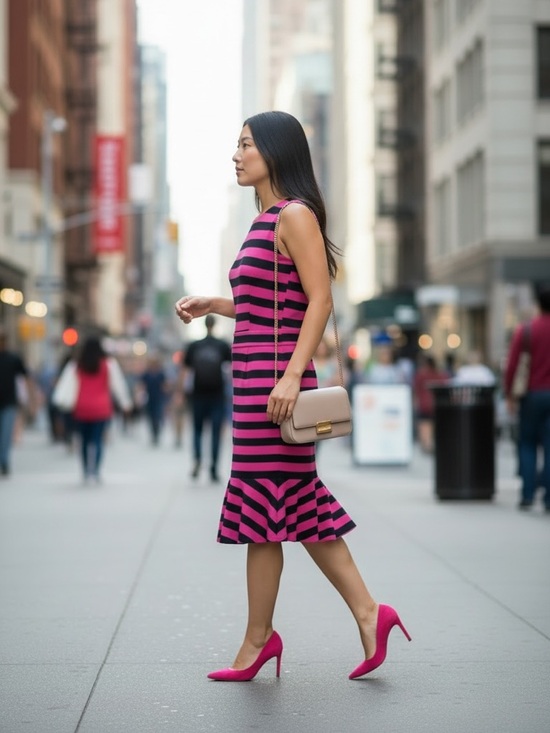 Banana Republic Dresses & Skirts - Banana Republic Hot Pink and Black Striped Sleeveless Midi Dress with Ruffle Hem